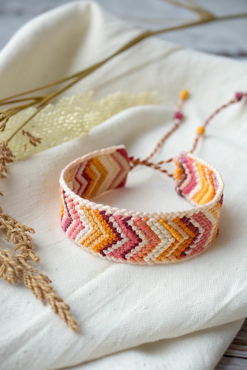 Envelop the hues of a sunset around your wrist with this stunning chevron wristband.