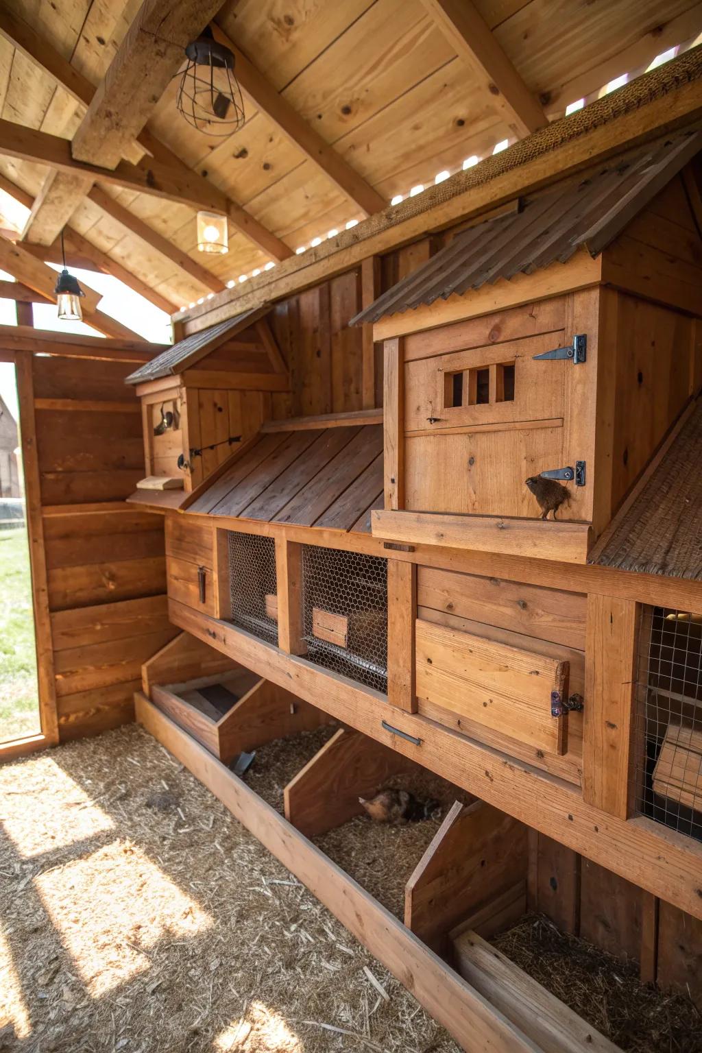Enhance your coop with these exquisitely designed nesting crate perches, harmonizing function and style seamlessly.