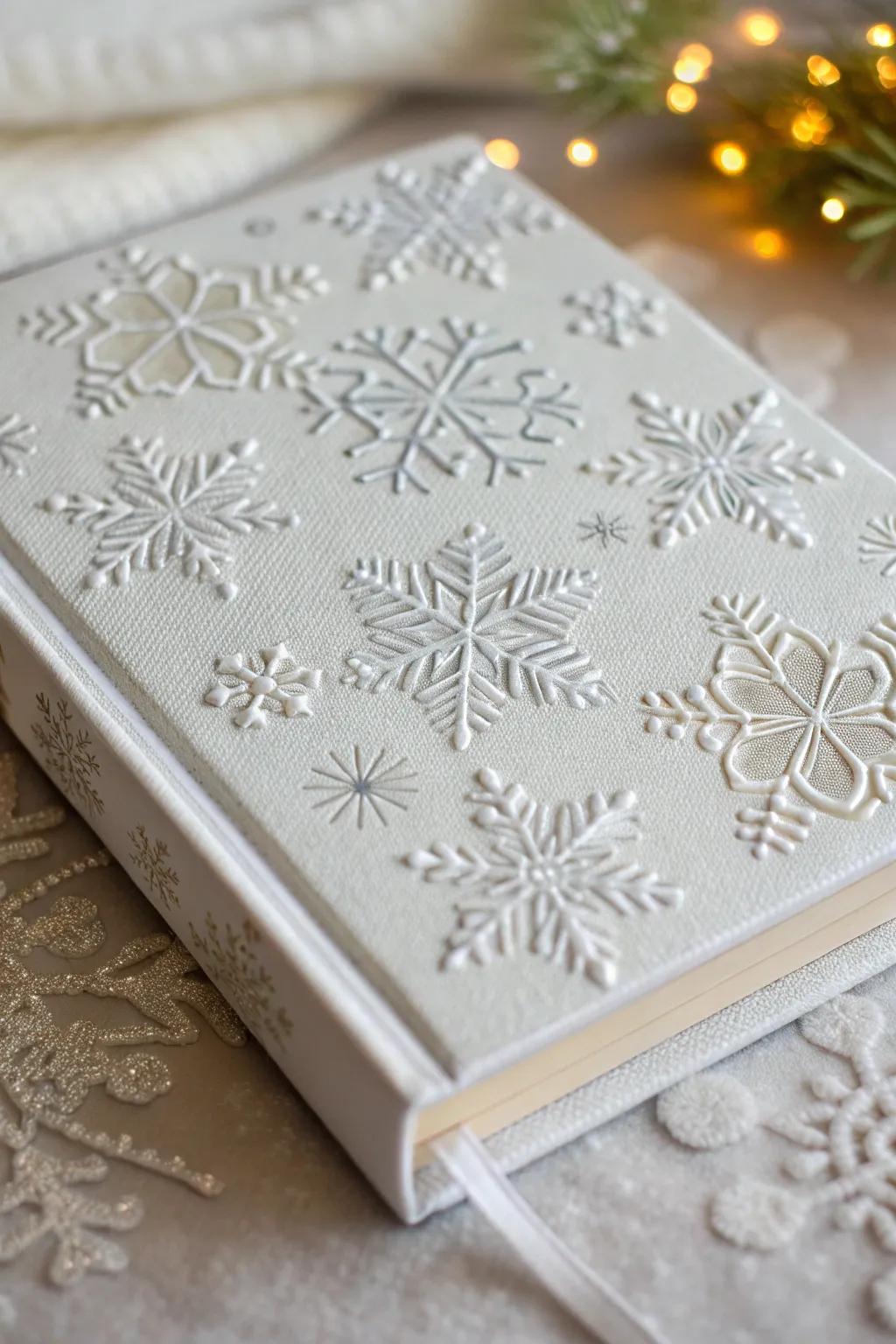 Seize the elegance of winter with a book jacket ornamented in shimmering snow crystals.