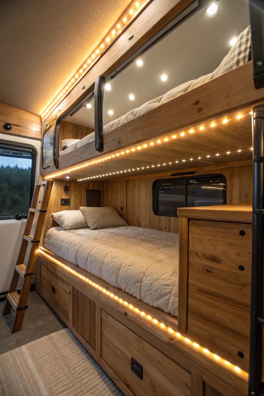Make the perfect setting with built-in LED lighting in your camper van's bunks for a cozy and stylish getaway.