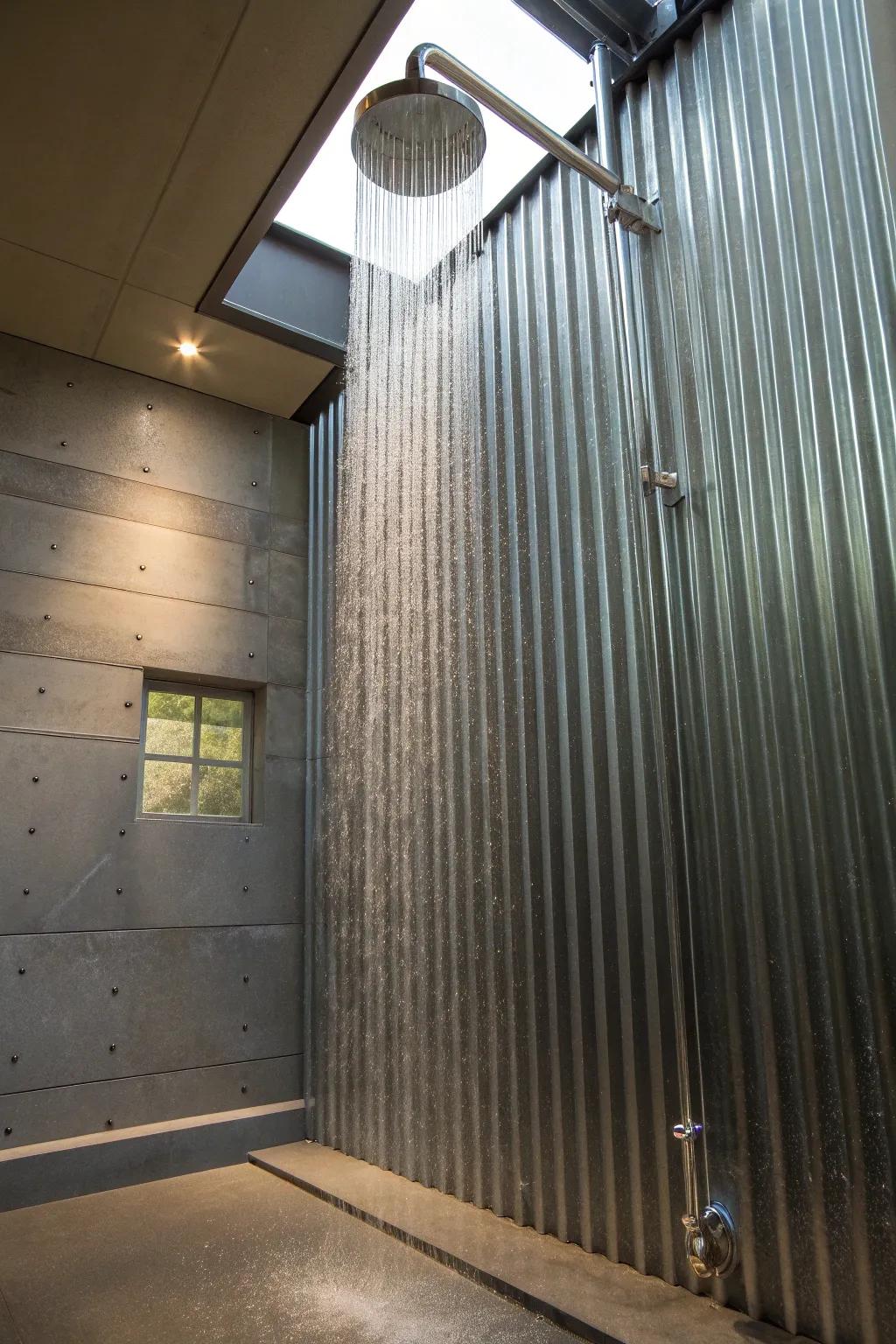 Transform your shower space with sleek vertical corrugated metal panels for a modern, waterfall-inspired look.
