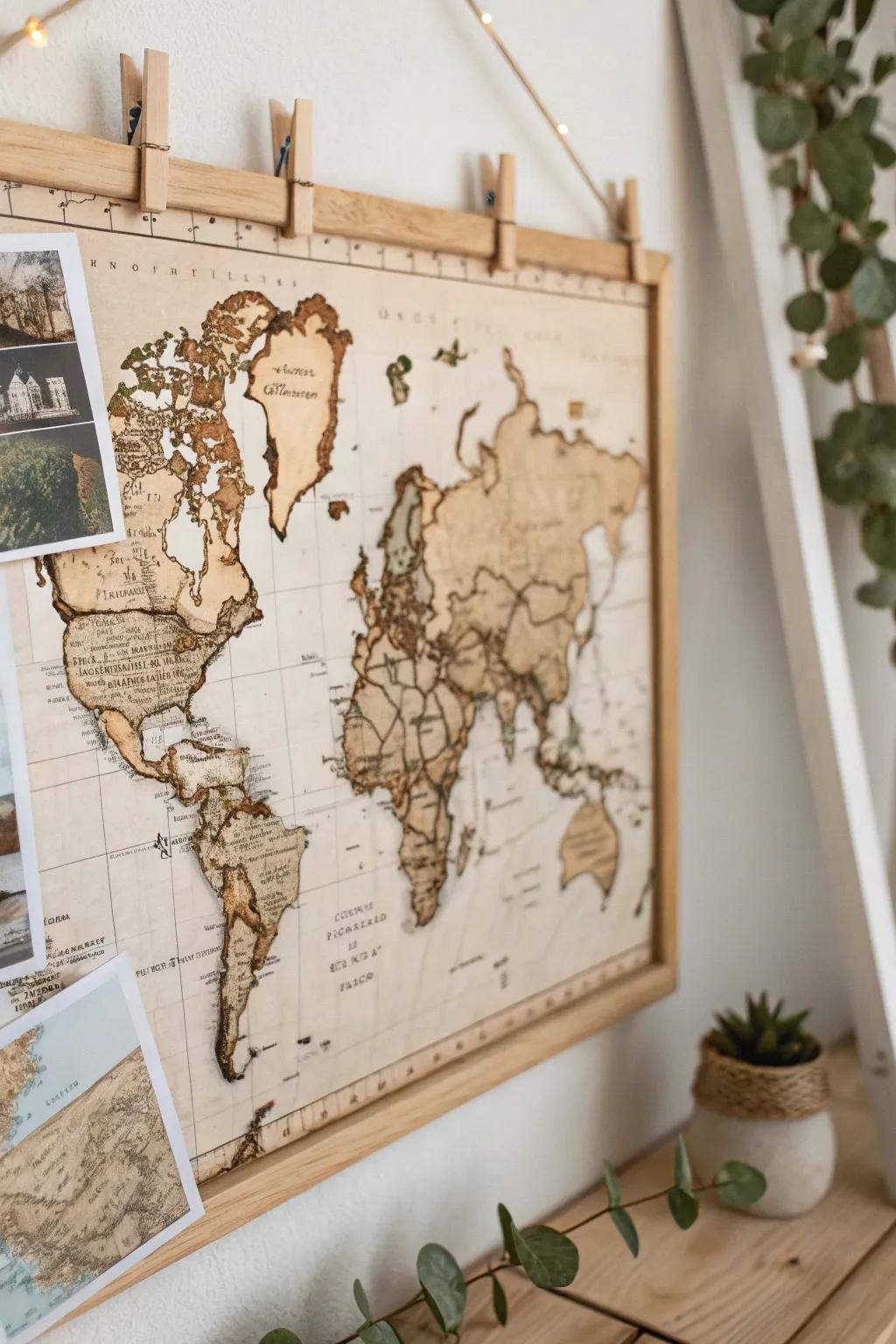 Elevate your milieu through a hint of escapade: a vintaged cartographic notice board that intermingles minimalist style with Bohemian elegance.
