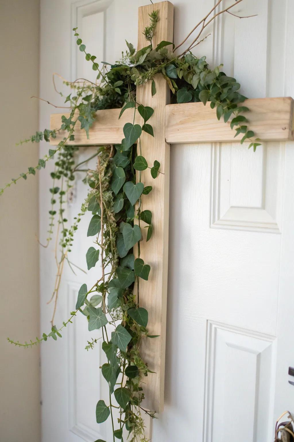 Bring the serenity of nature to your entrance using this elegant eucalyptus and ivy cross.