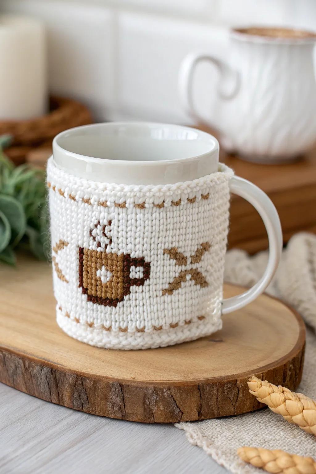 Envelop your mug in warmth and fashion with this delightful cross-stitched jacket, impeccable for snug mornings.