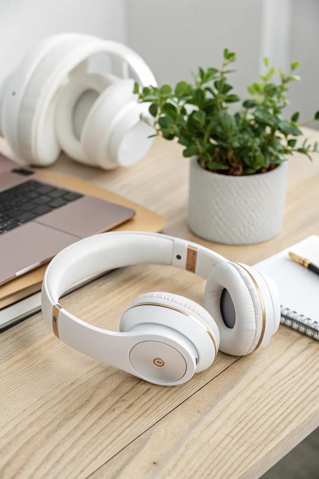 Elevate your workspace with the perfect harmony of sound and style. 🎧✨ #MinimalistBeauty #DeskEssentials