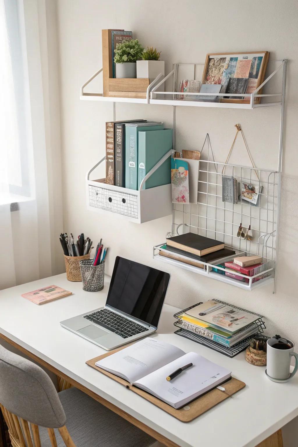 Get the most from your desk by using wall storage.