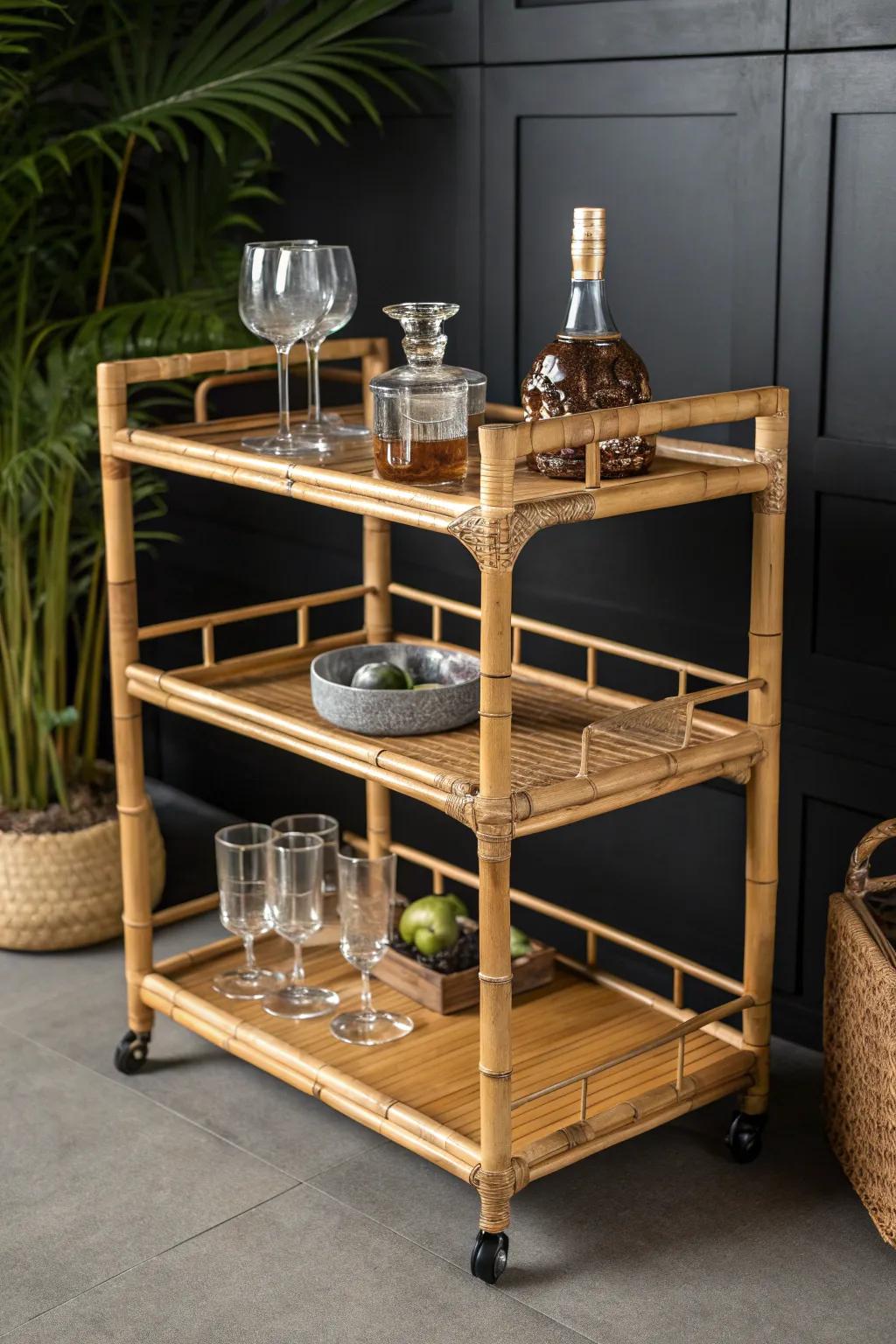Transform your space with verdant elegance: a bamboo drinks trolley that weds aesthetics and sustainability.