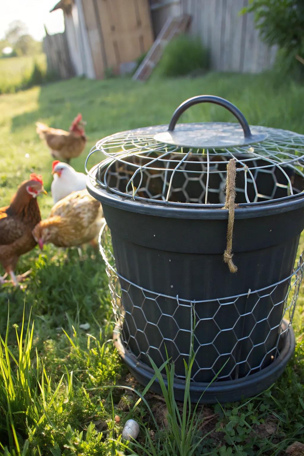 Made with love: Turn your old laundry basket into an endearing chicken feeder.