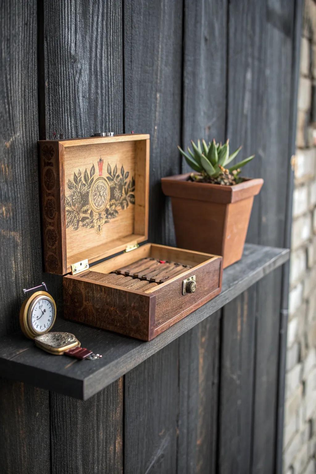 Enhance your area with a custom floating shelf crafted from a vintage cigar container—where timeless style meets practical elegance.