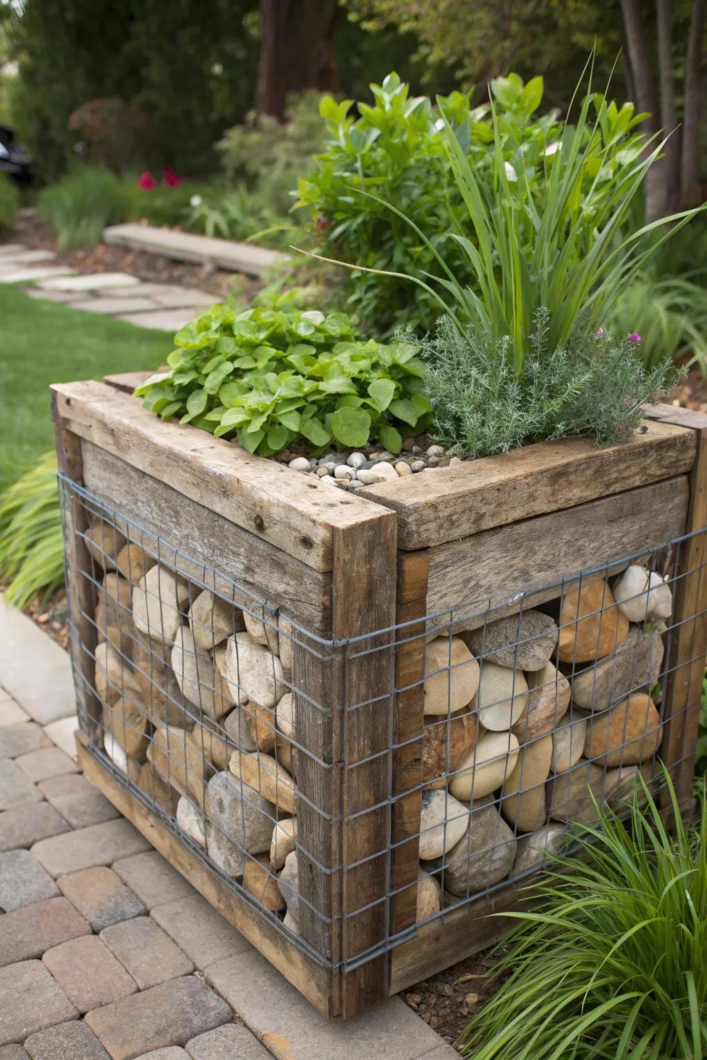Embrace unrefined allure with an artisanal timber and stone gabion planter, ideally suited for integrating a touch of nature into your outdoor expanse.
