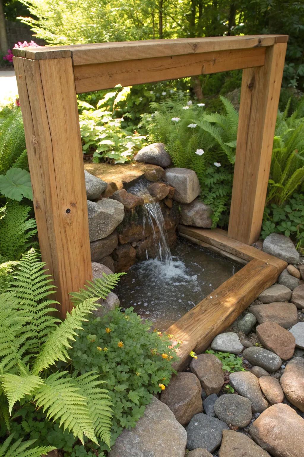 Embrace tranquility with a stunning timber-framed water feature, blending craftsmanship with nature's beauty.