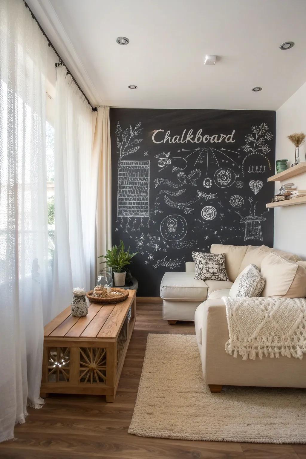 Transform your space with a chic blackboard wall for a touch of creativity and style.