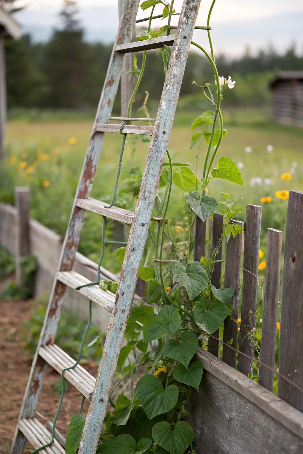 Elevate your garden with vintage charm: A metal ladder trellis for your climbing plants.
