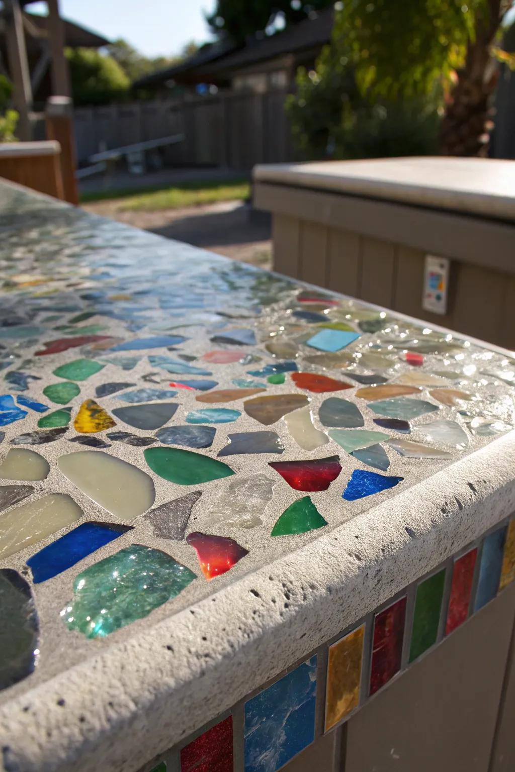 Build your outdoor space using a stunning reclaimed glass countertop, where every piece tells a story.