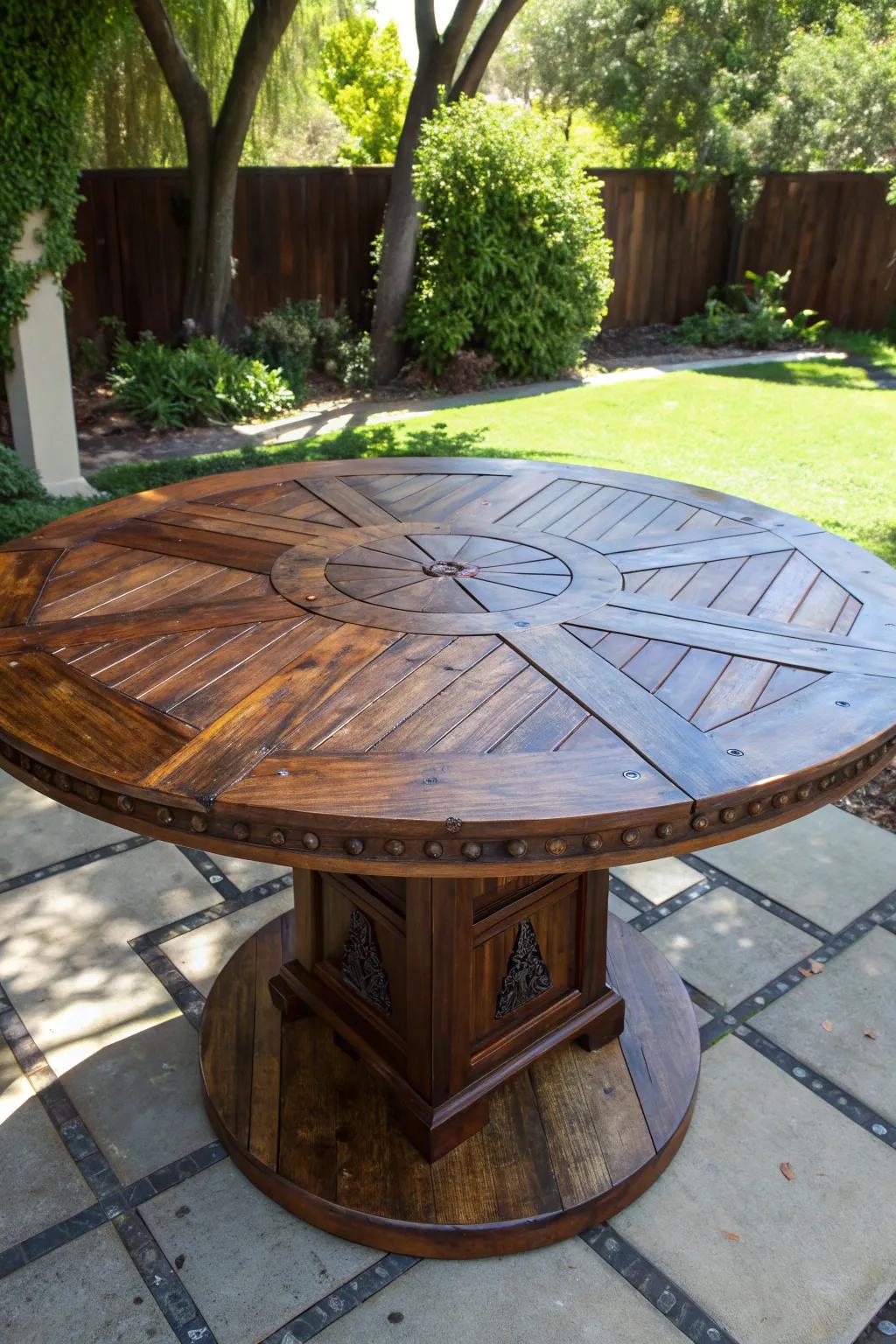 Transform your patio with the charm of a vintage door turned table - where craftsmanship meets creativity.