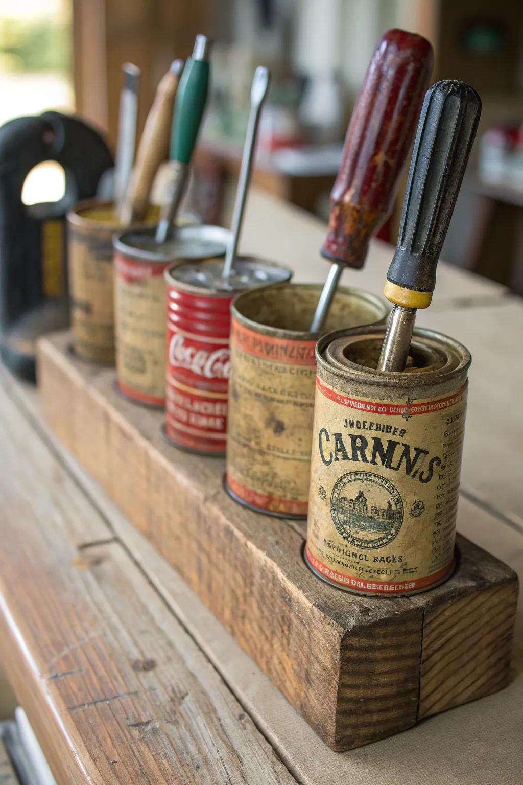 Repurpose with style: Vintage metal canisters fashion the flawless DIY screwdriver holster.