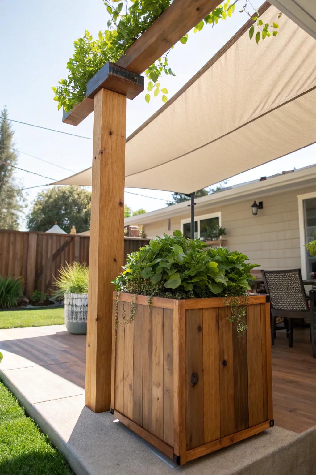 Artistry meets nature: Elevate your outdoor space with a DIY shade sail anchored by stunning planter posts.