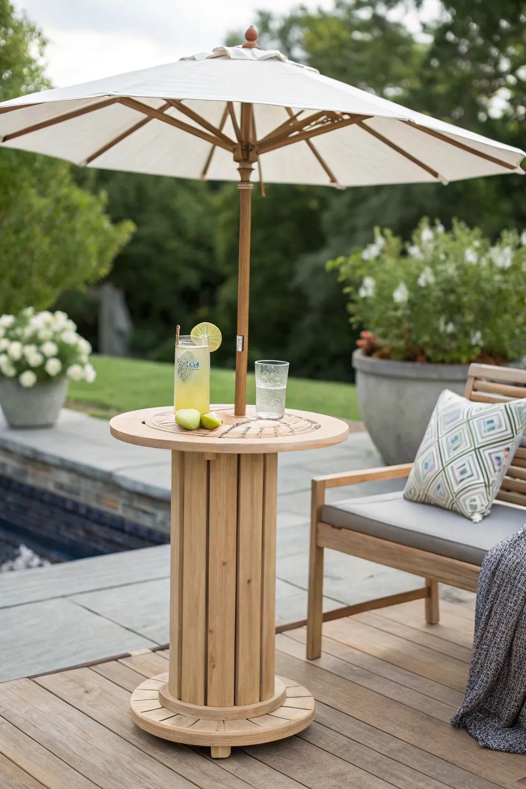 Fashion your quintessential exterior oasis through this sophisticated DIY umbrella side table – where vogue converges with functionality!