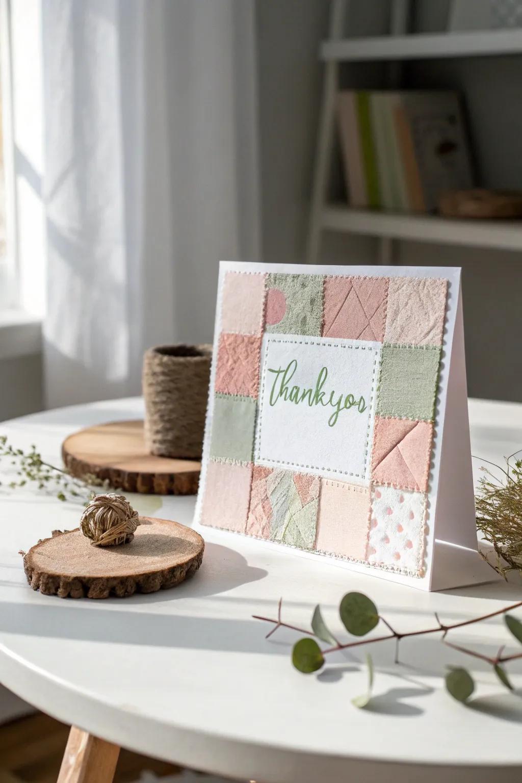Elevate your gratitude with handcrafted allure: DIY thank you cards showcasing delightful textile accents.