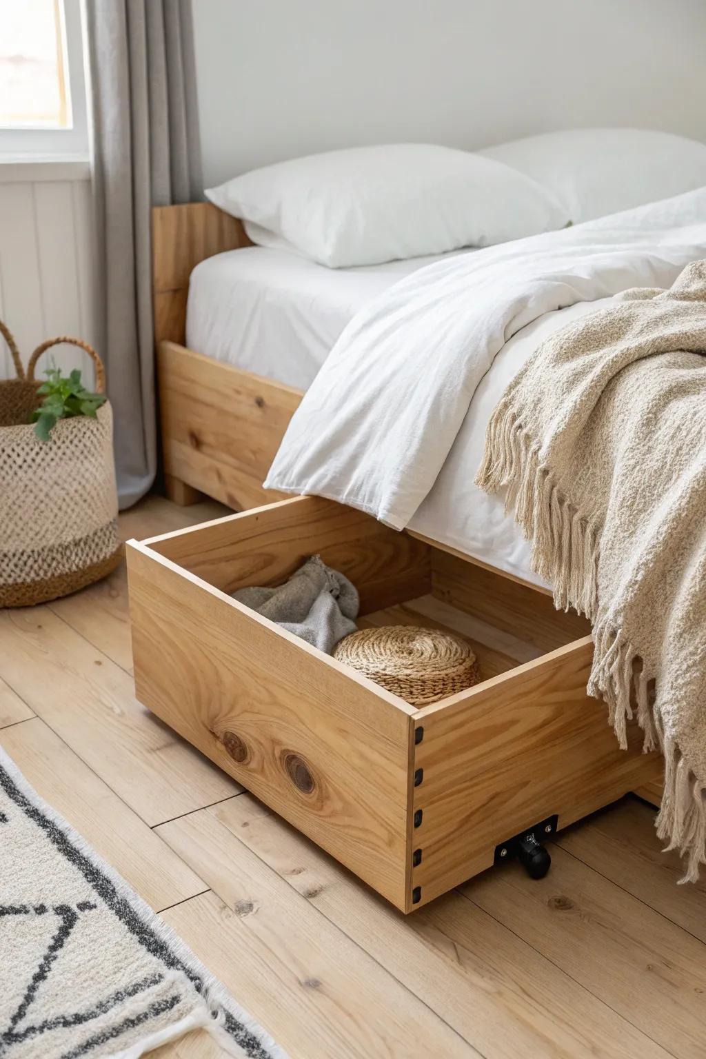 Discover the elegance of hidden storage using under-bed rolling storage—where minimalist design meets practical playtime solutions.
