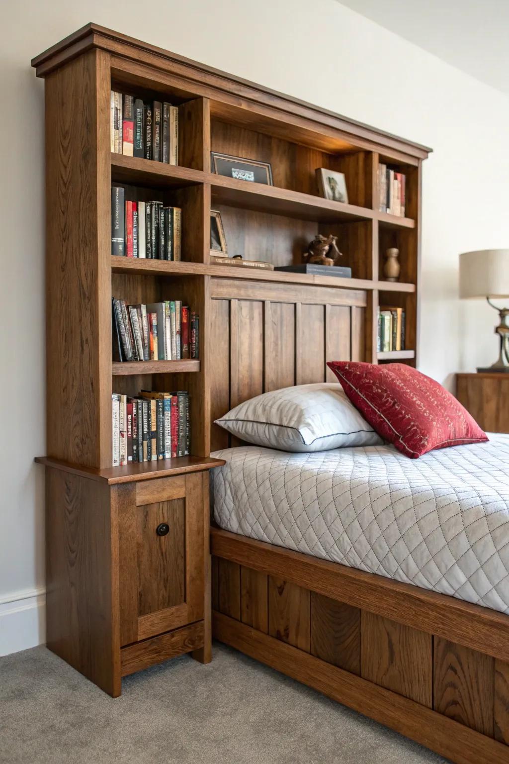Enrich your sleeping sanctuary using a handcrafted bookshelf headpiece—where panache harmonizes with utility.