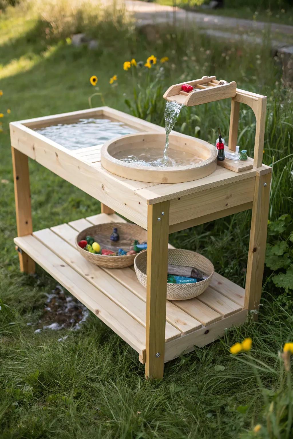 Explore perpetual escapades with this delightful multi-tiered water table, where Scandinavian simplicity intertwines with playful ingenuity.