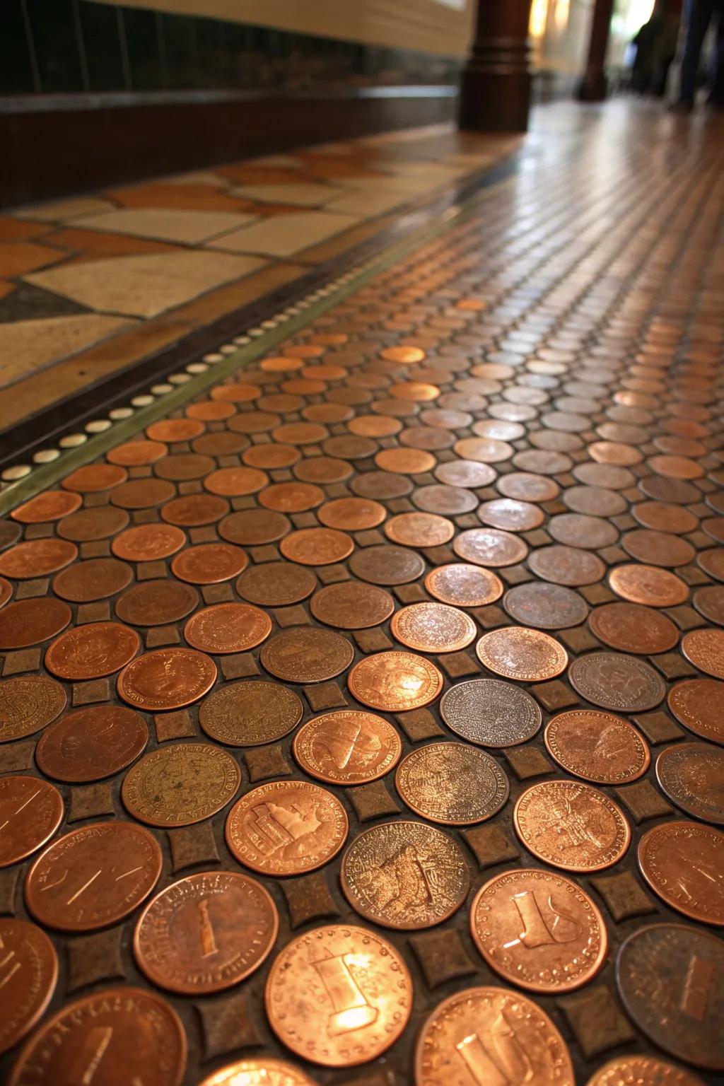 Transform spare change into appealing decor with a handcrafted penny floor.