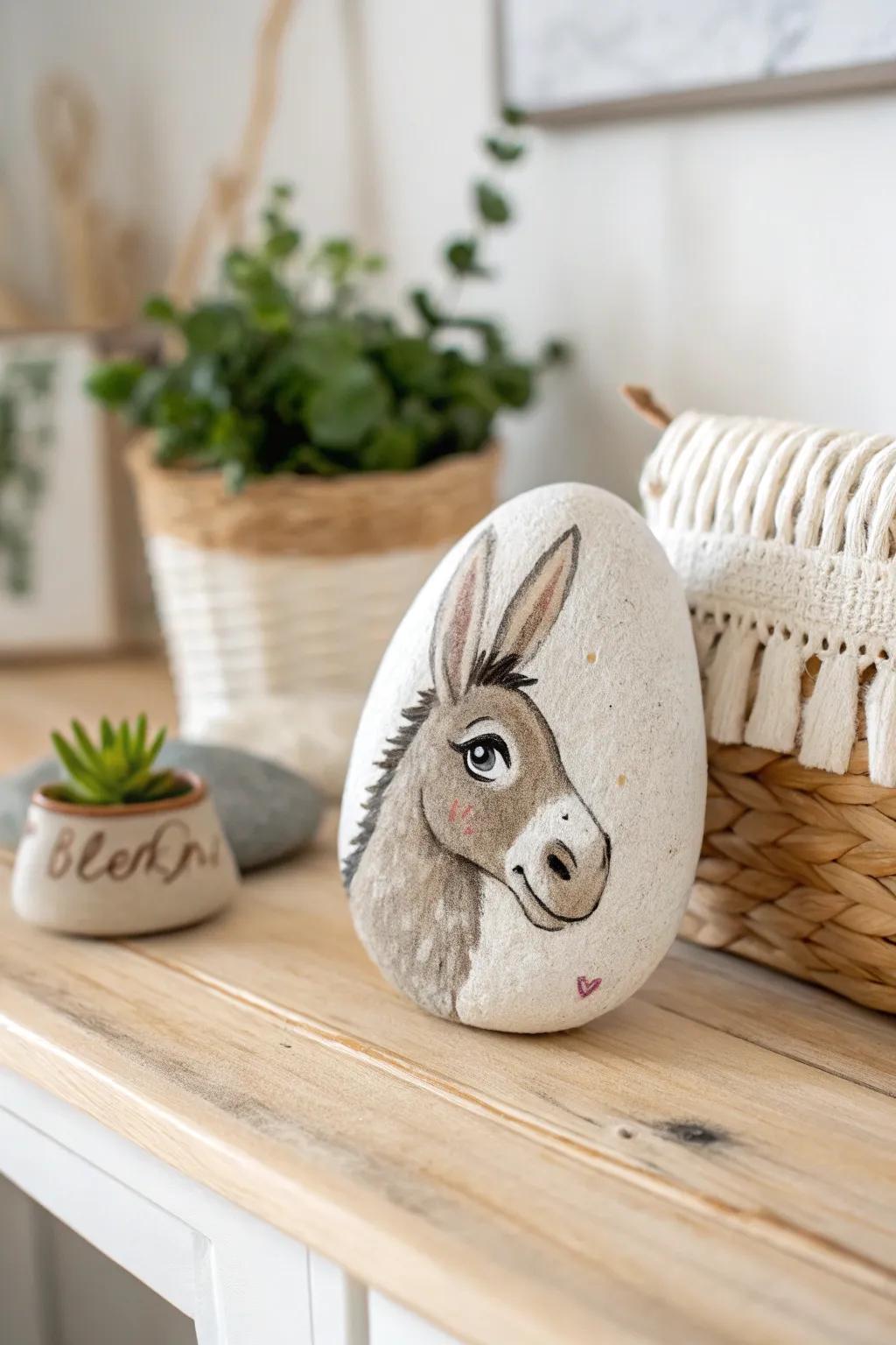 Nature converges with inventiveness: Adorable donkey boulder painting for a dash of whimsy in your decor.
