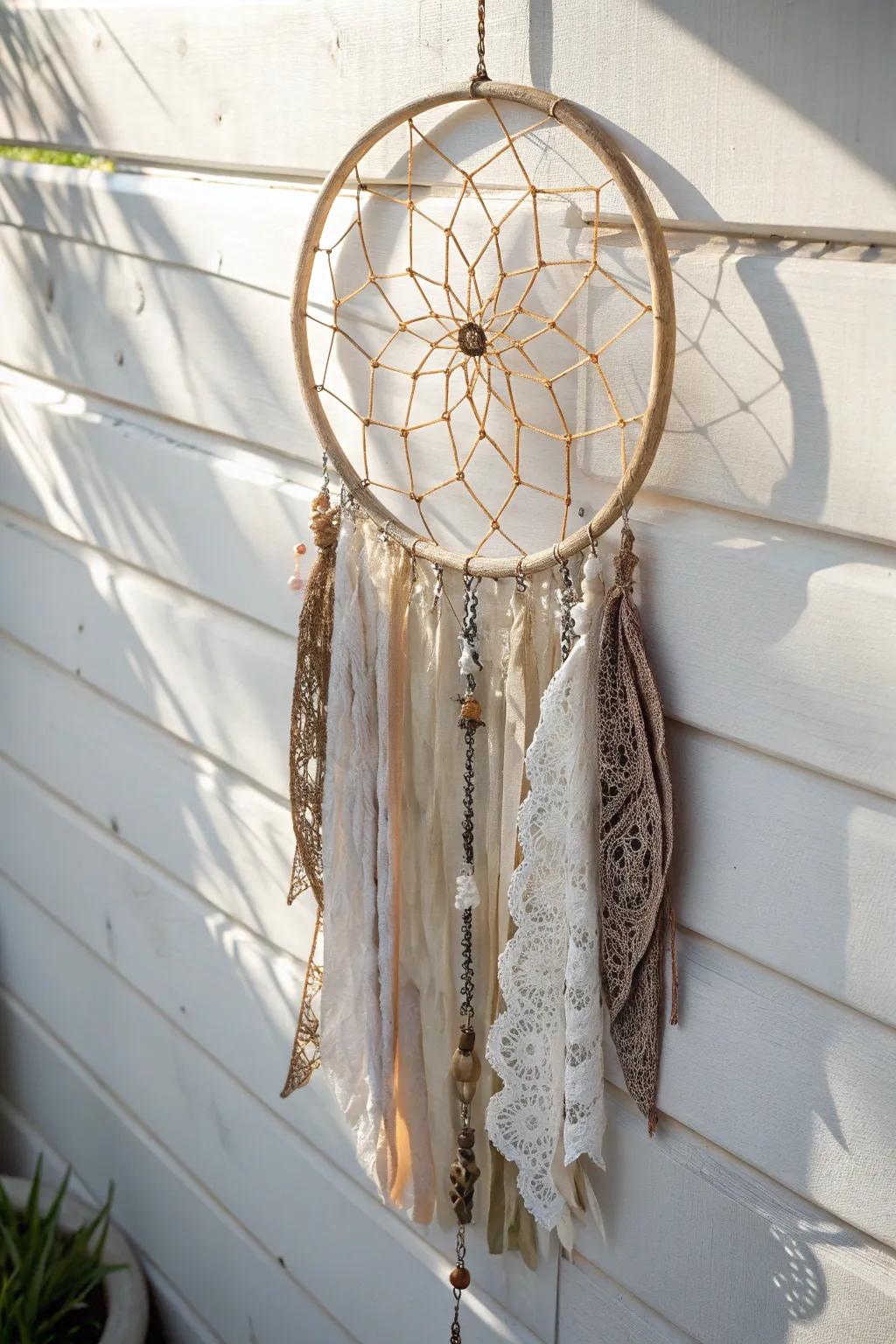 Uncover the artistry of repurposing through this exquisite dream catcher, wherein each fragment narrates its own tale.