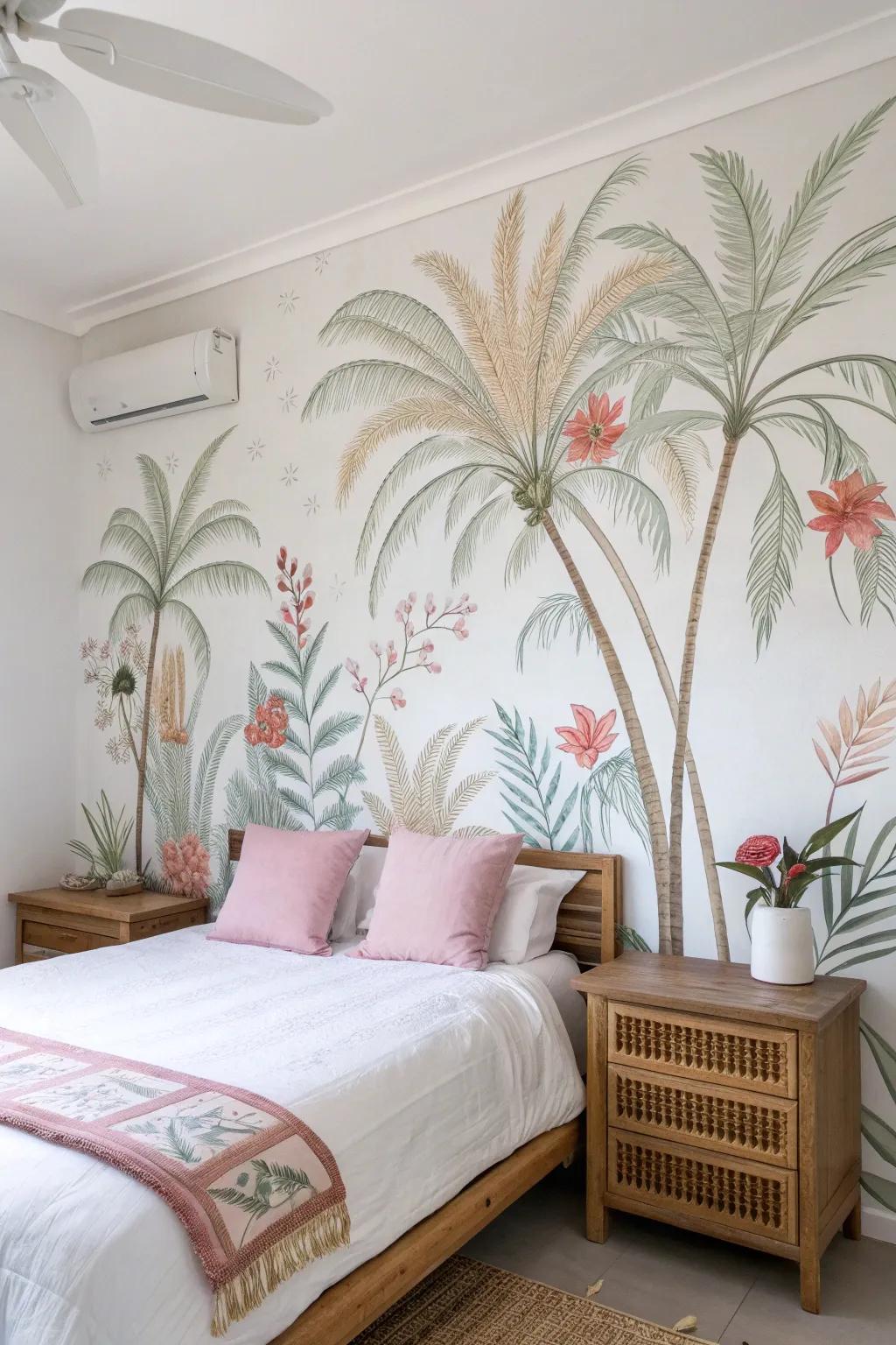 Transform your area into a tranquil equatorial escape using this minimalist mural masterpiece. 🌴🌺 #EquatorialDreamland #ScandiBoho