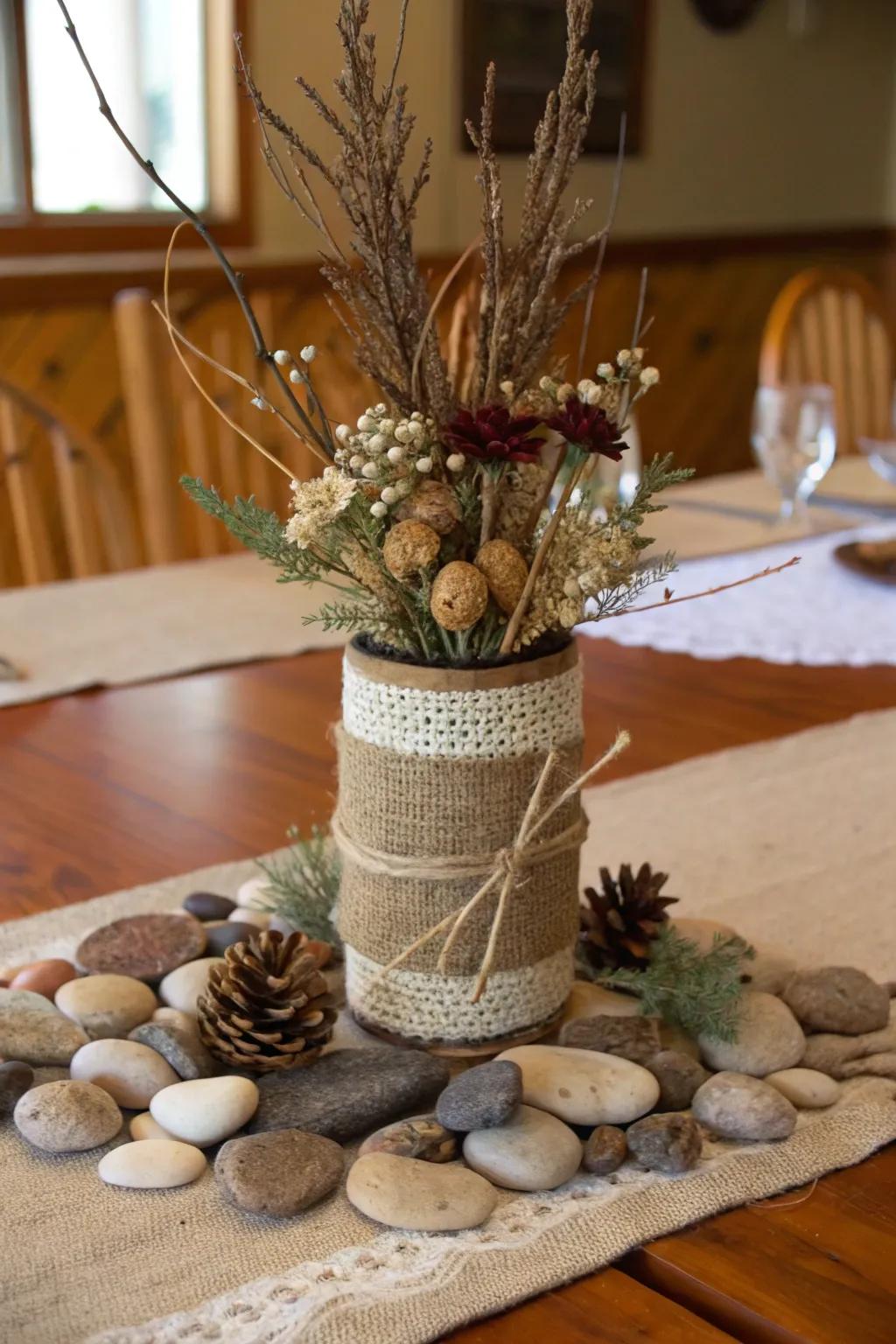 Hessian enriches the countryside charm of your holiday centerpiece.