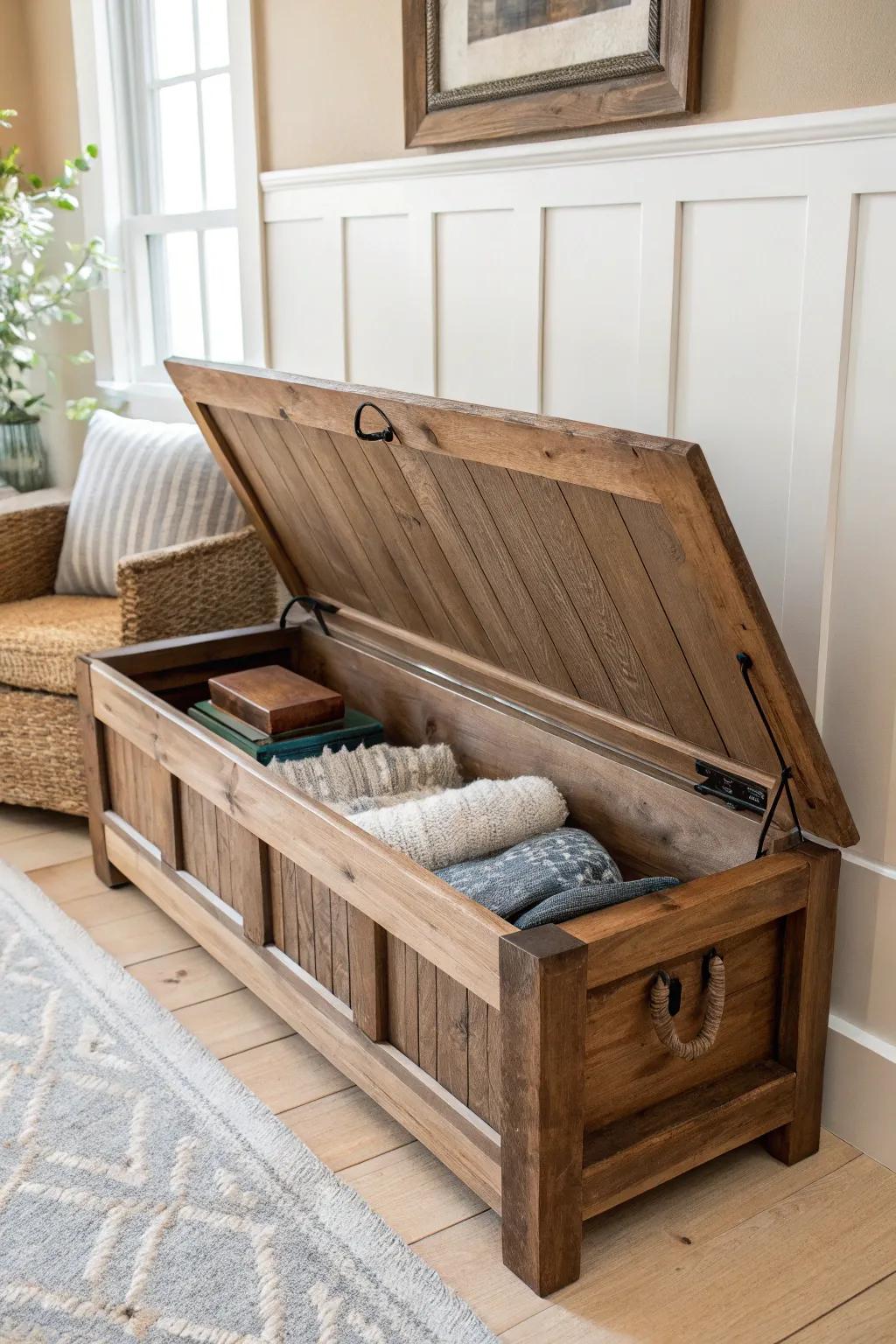 Elevate your space with the charm and utility of a handcrafted farmhouse bench featuring concealed storage.