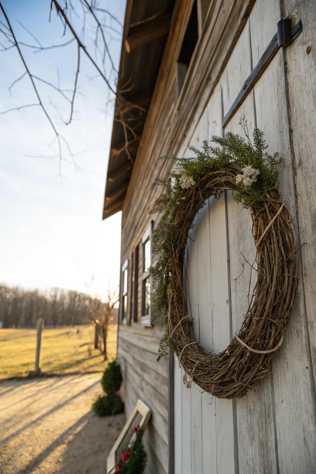 String and branches establish a countryside base for a farmhouse wreath.