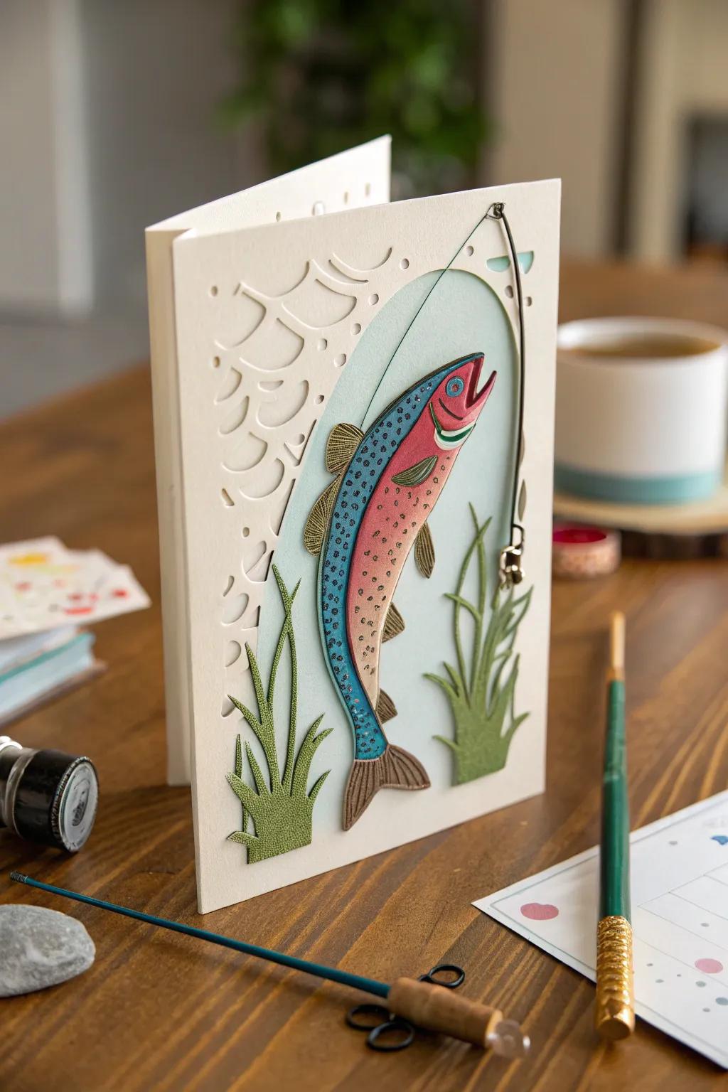 Reel in the praises with this handcrafted angling-themed Father's Day card!