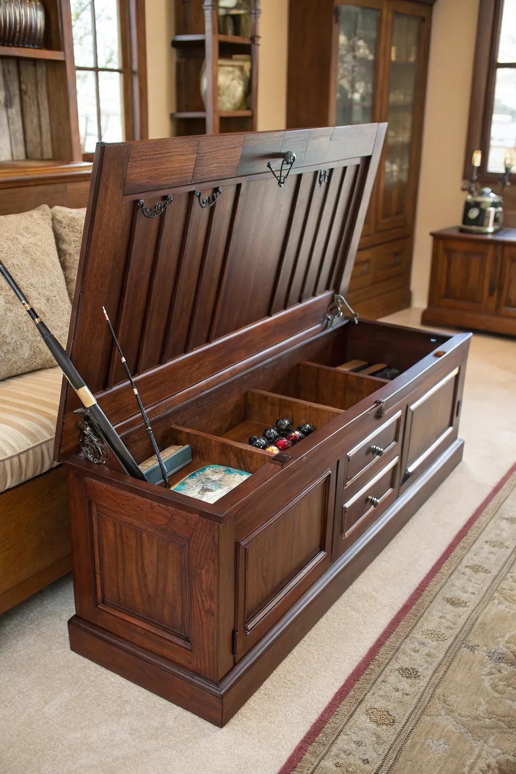 Elevate your space with this refined bench – a sophisticated solution for discreet fishing pole storage.
