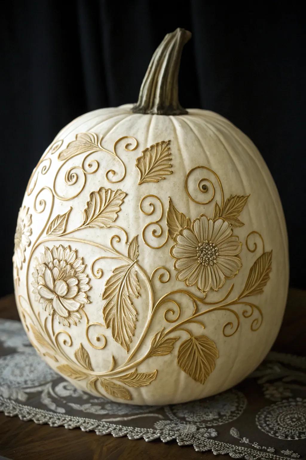 Embrace autumn through an artistic innovation: a beautifully sculpted floral pumpkin that exudes refinement and skilled craftsmanship.