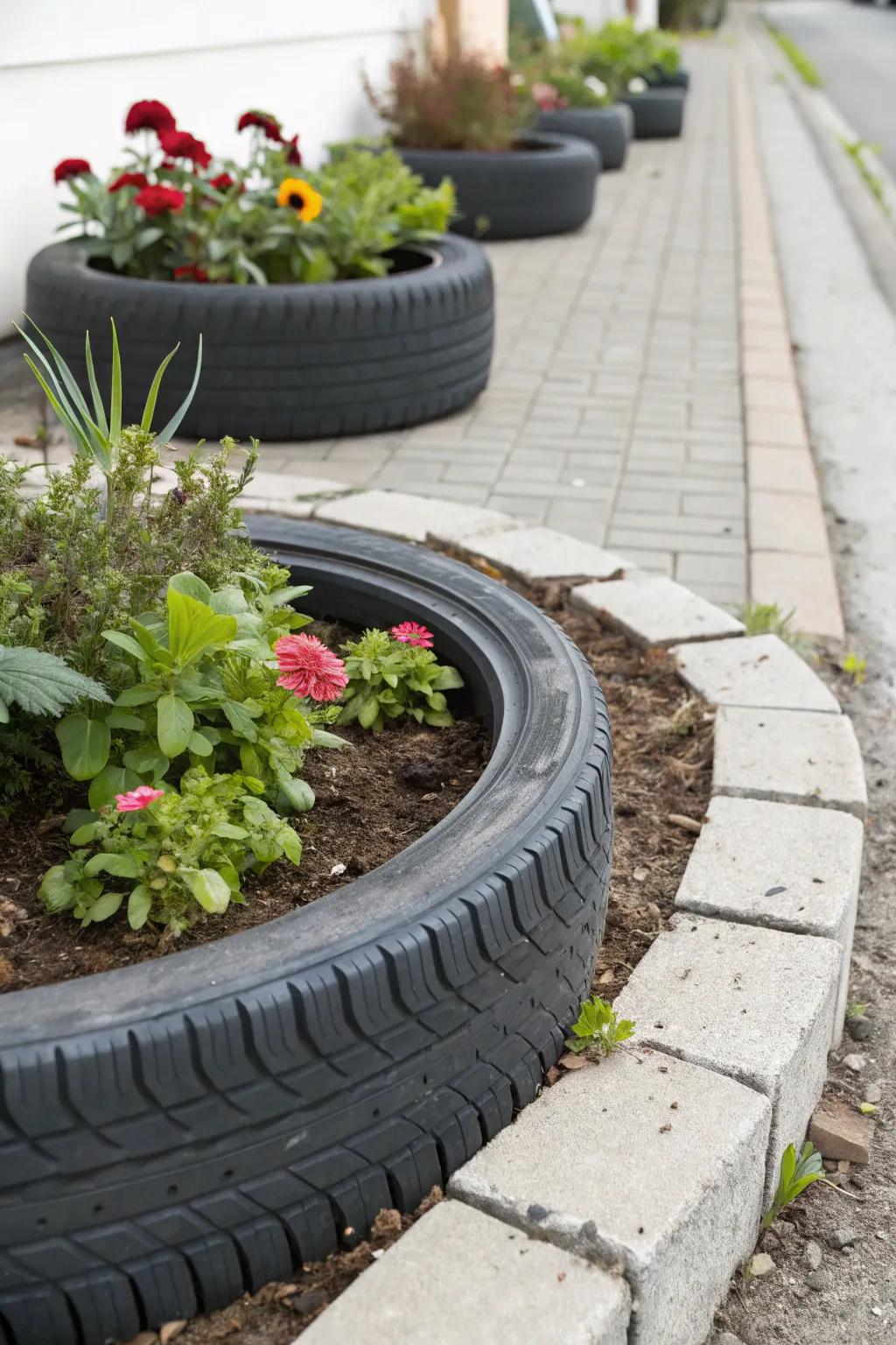 Transform your yard with eco-conscious elegance: upcycled tire bordering for a sustainable and chic nuance.