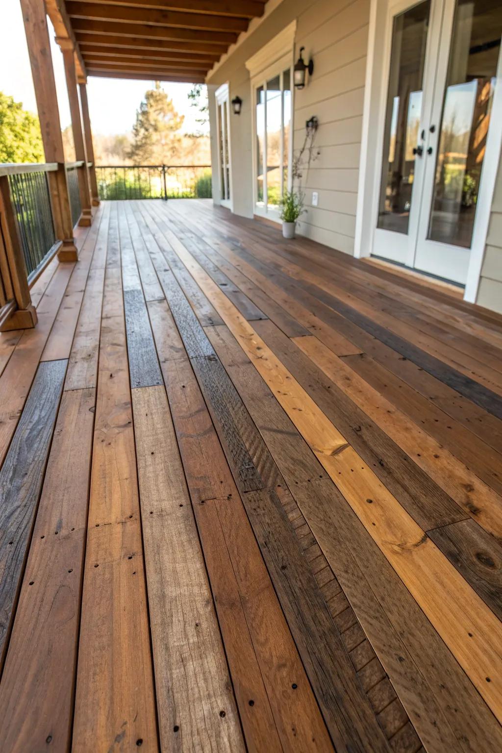 Reclaim the essence of history through repurposed timber flooring—a seamless integration of ecological mindfulness and rustic appeal for your deck.