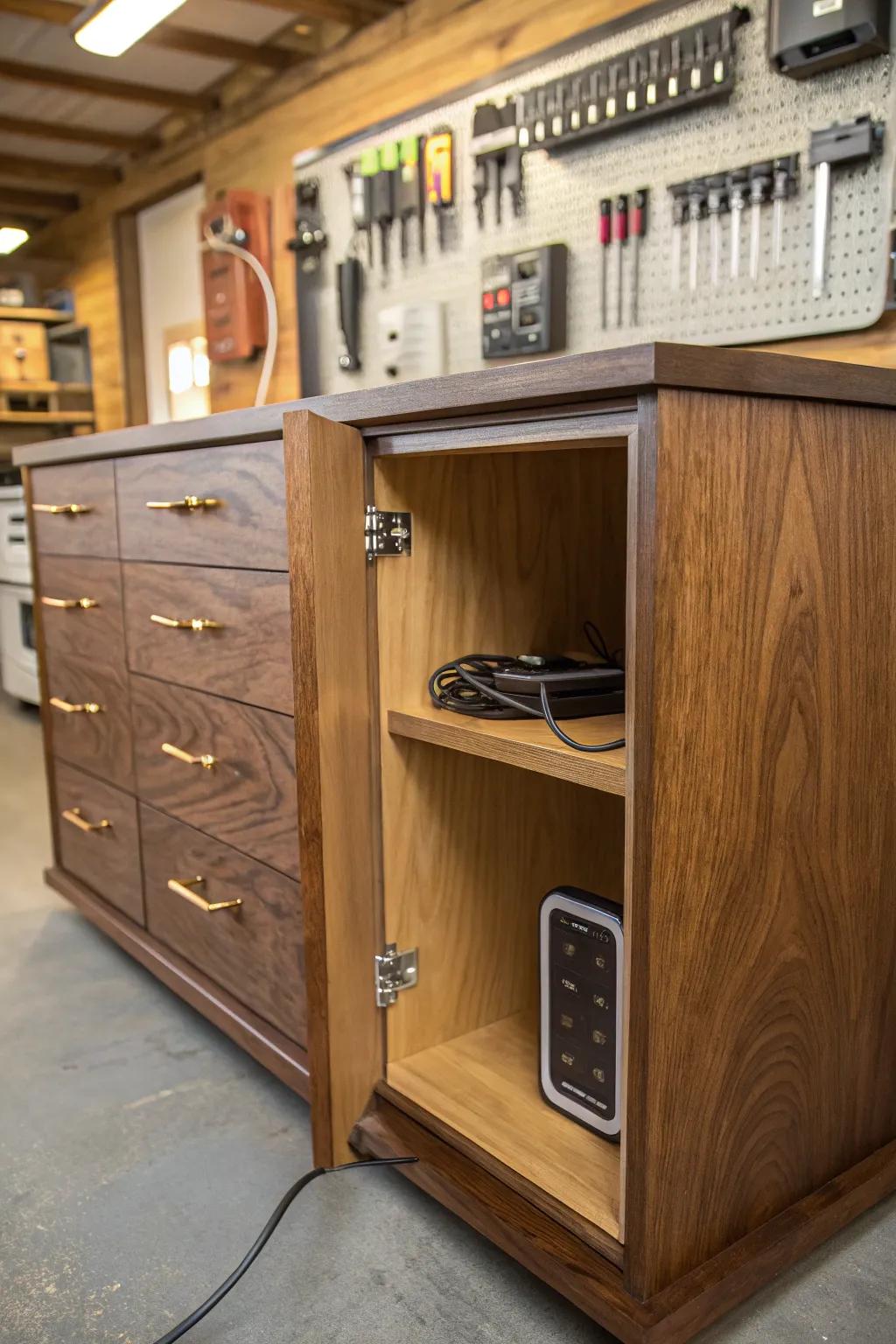Elevate your garage with a concealed charging area that marries functionality with artistry.