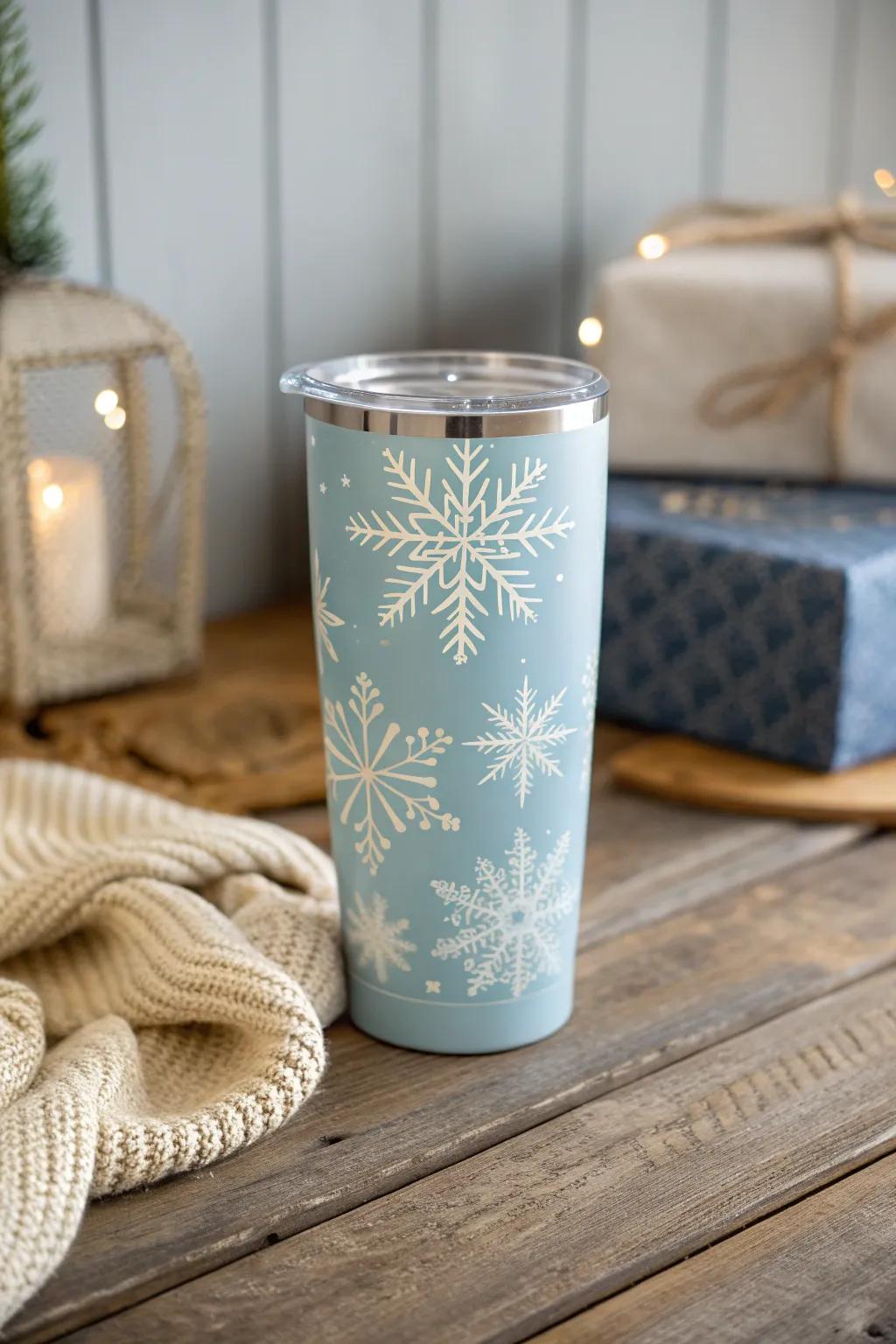 Appreciate winter's charm with this exquisitely crafted snowflake tumbler, perfect for cozy seasonal moments.