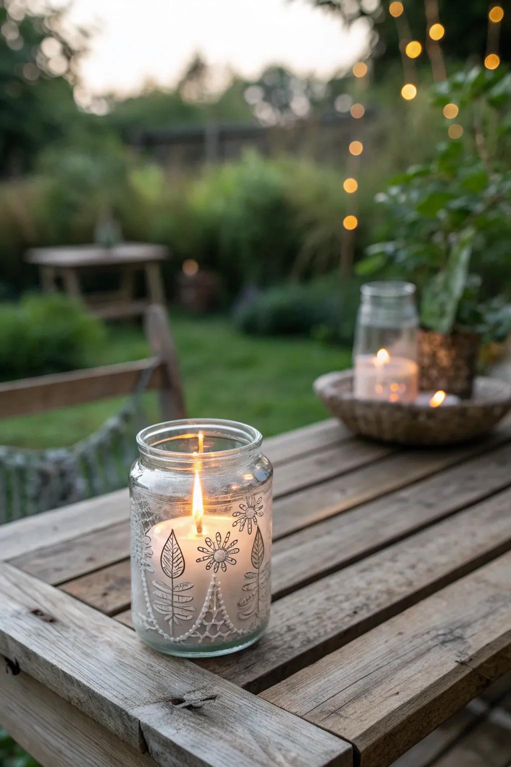 Illuminate your garden through the enchanting radiance emanating from handcrafted glass candle lanterns.