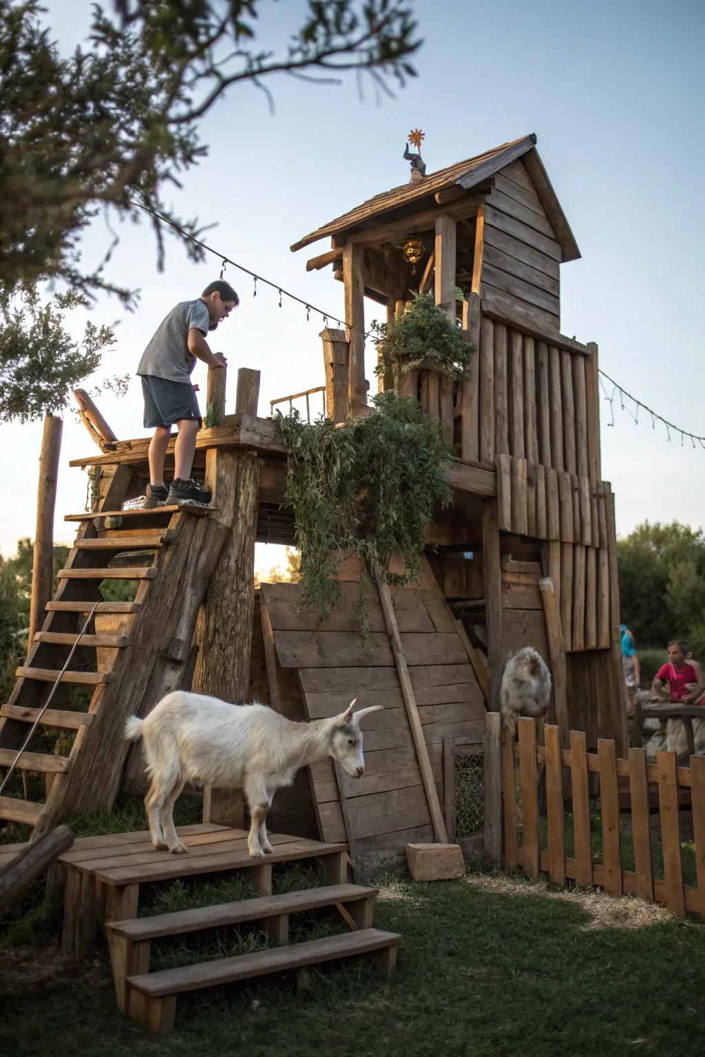 Transforming playtime into an adventure: A goat climbing framework with countryside charm.