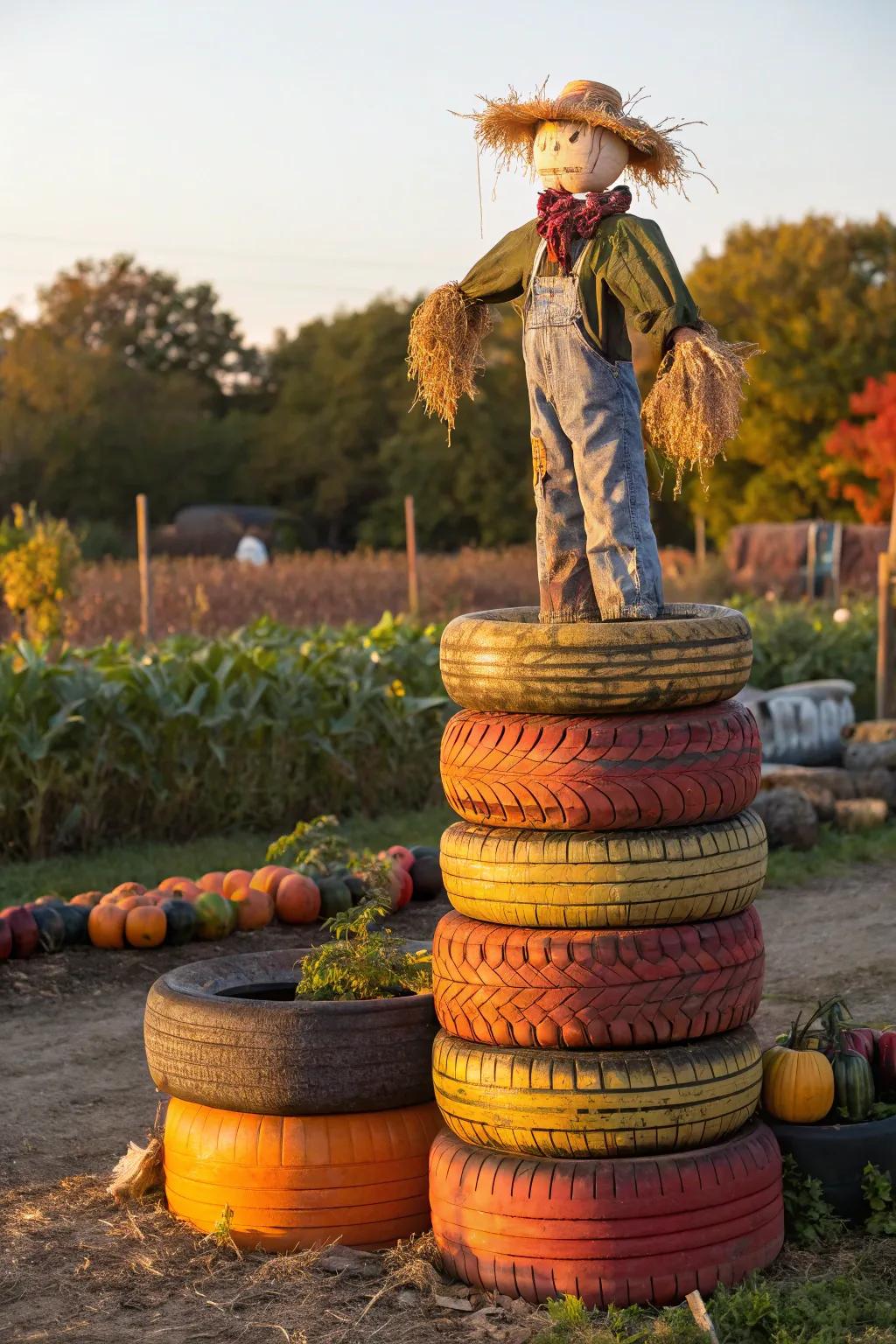 Transform your yard using this handcrafted scarecrow tire creation, interweaving rustic charm with autumn spirit.
