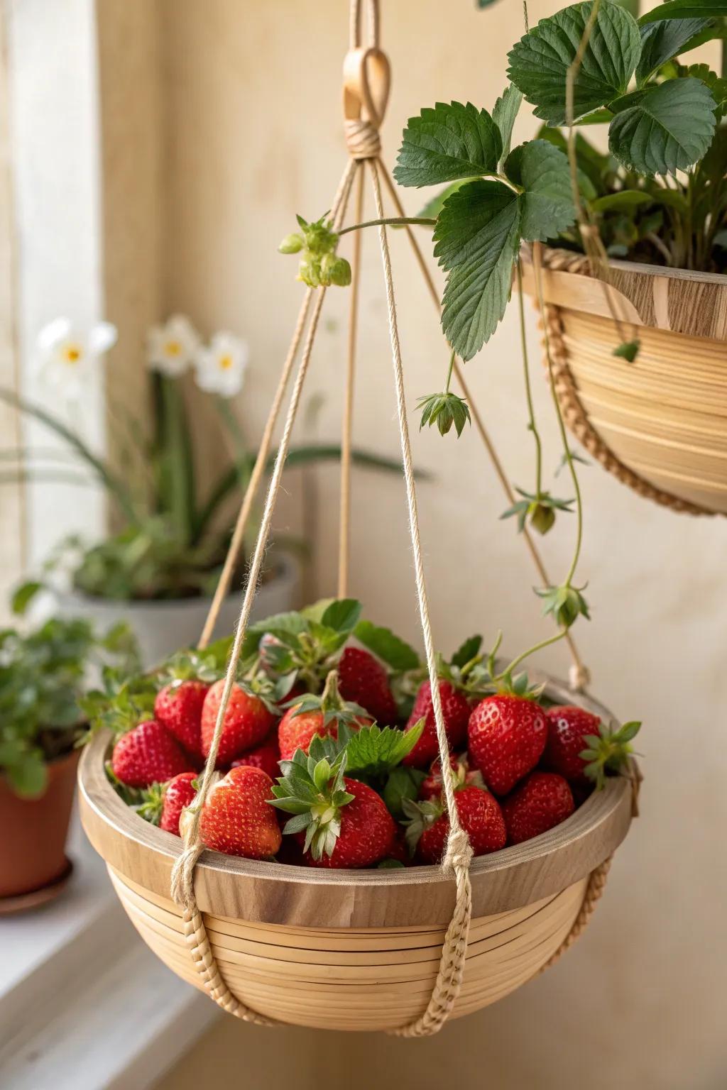 Elevate your area with the innate grace of suspended bamboo planters, ideal for your strawberry garden.