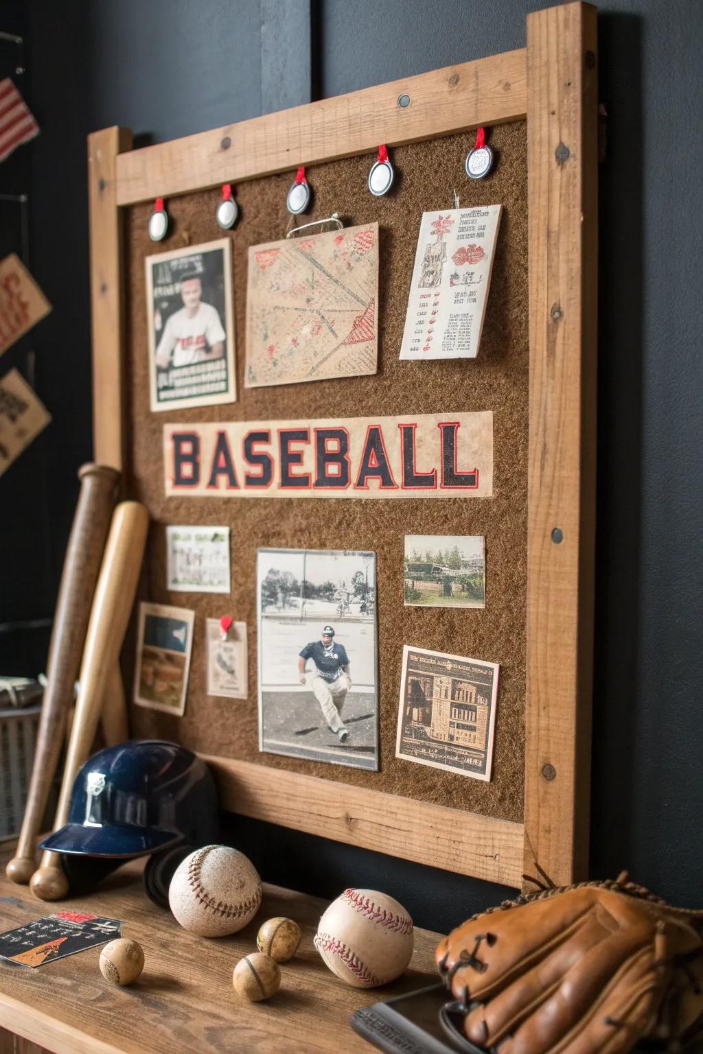 Rejoice in your fervor for the sport through a tailored pin board exhibit of baseball treasures.