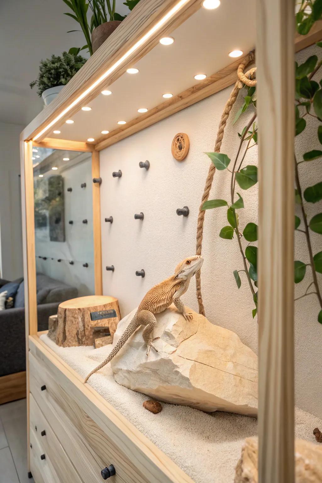 Elevate your dragon’s habitat through this chic and functional climbing facade, where clarity encounters style.