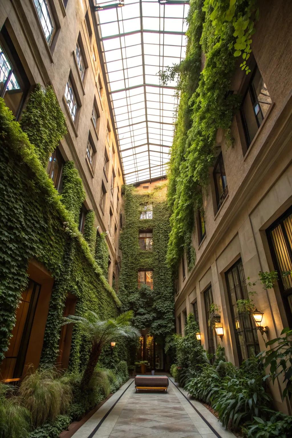 Vertical gardens infuse lush greenery into this atrium's walls.