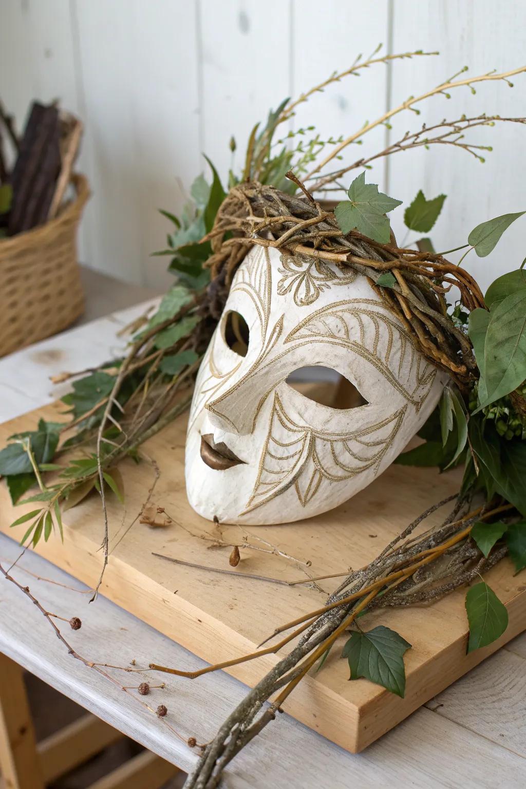 Embrace the serene finesse of nature with this handcrafted woodland disguise.