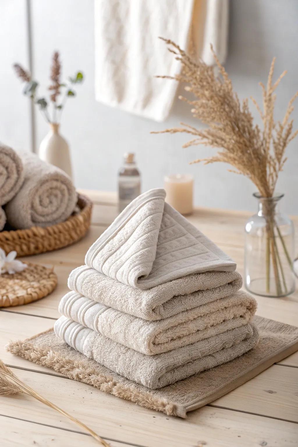 Enhance your lavatory's décor with this simple yet chic triangular face cloth configuration. Perfect for a touch of minimalist grace.