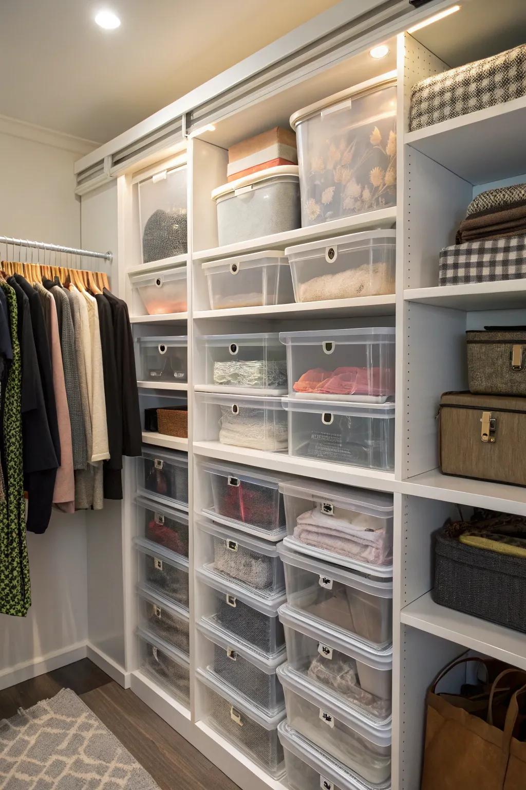 Transparent storage containers make locating items a breeze.